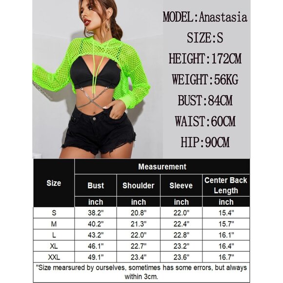 🆕Women’s Green Mesh Hoodie Crop Top Long Sleeve Fishnet Shirt Polyester - Picture 5 of 7